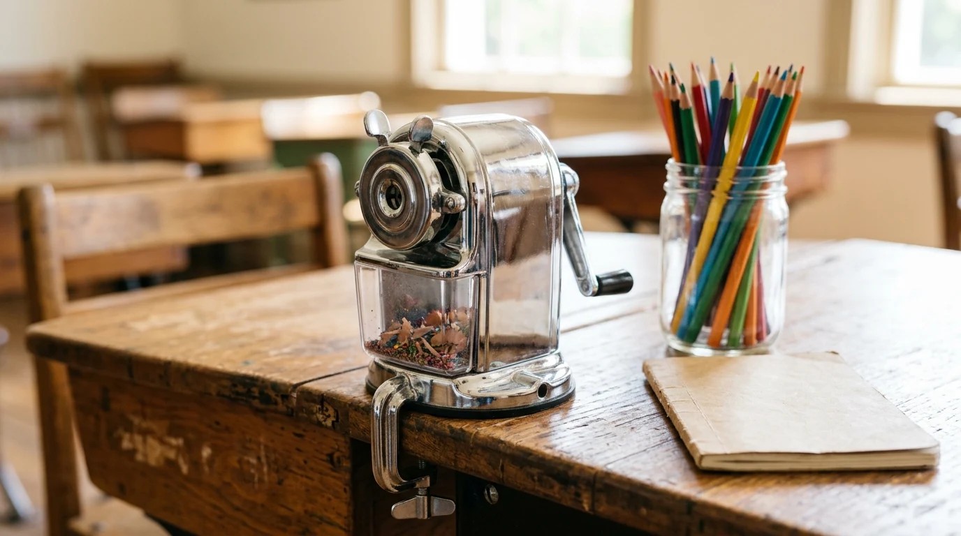 Rusty restoration projects favorite: a 70 year old crank pencil sharpener restored to chrome on a school desk