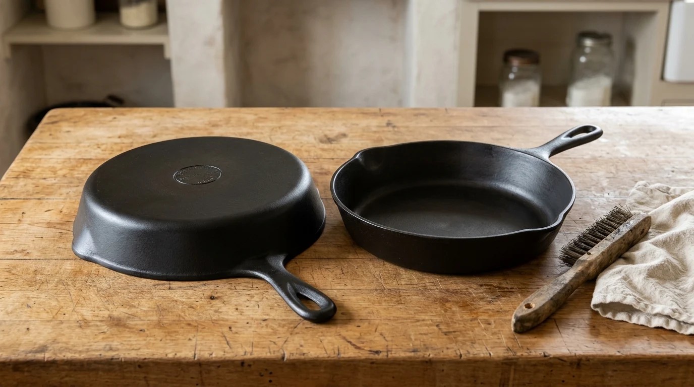 Rusty restoration projects in the kitchen: a 100 year old cast iron skillet restored on a butcher block