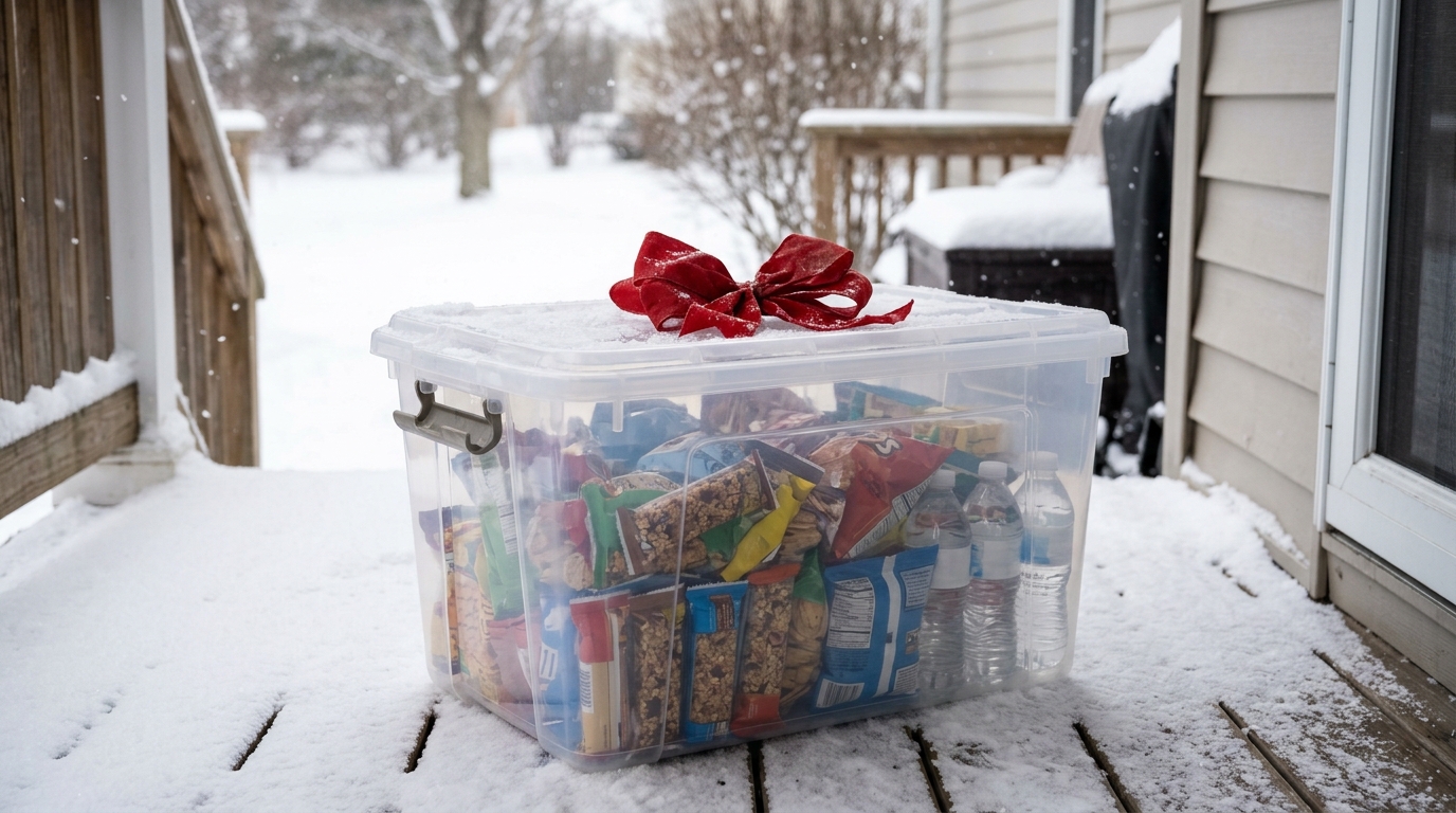 Clear storage bin with a latching lid holding snacks and water on a snowy porch