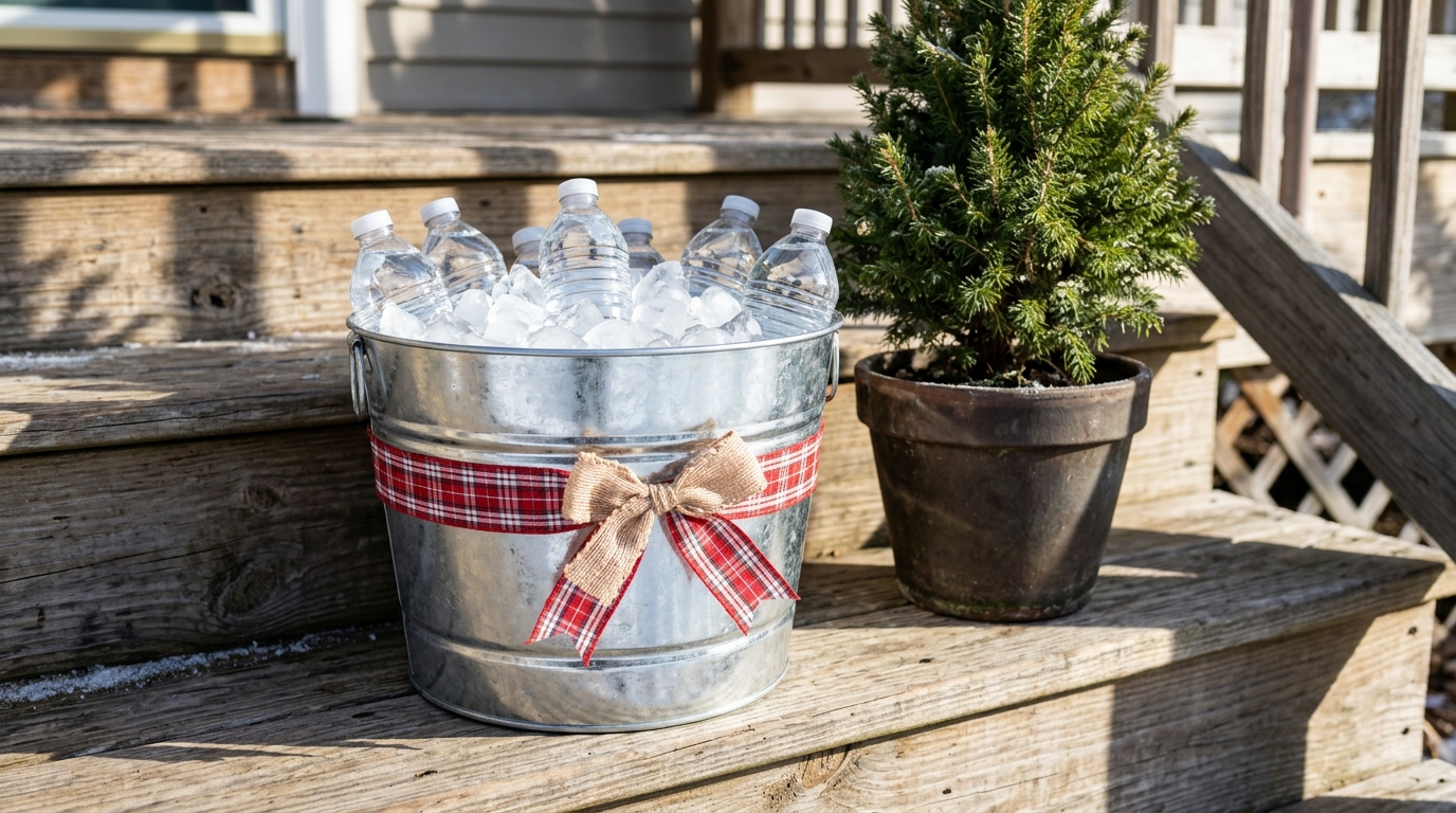 Delivery driver snack baskets with a twist: a galvanized bucket of ice and bottled water with a plaid bow