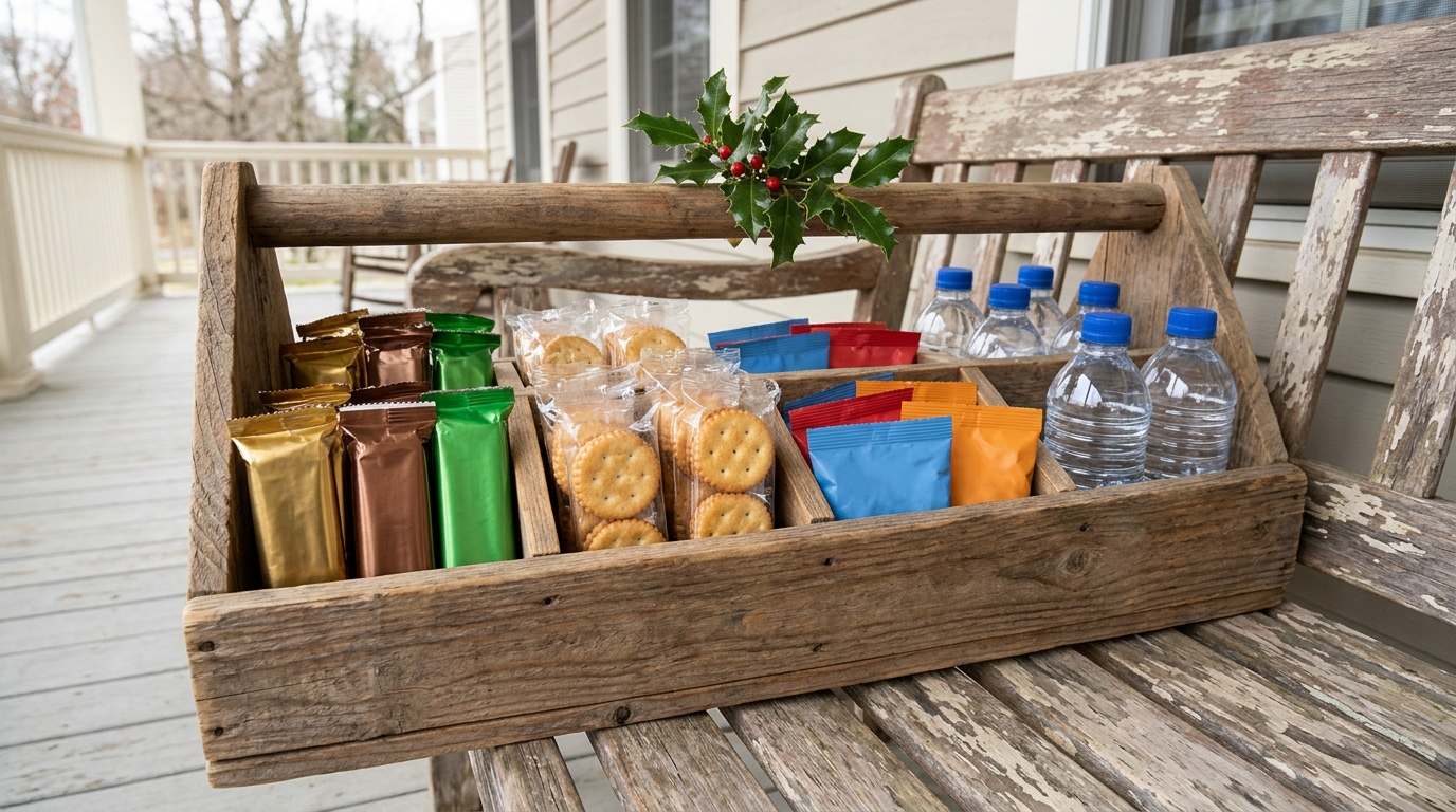 Wooden caddy with compartments full of granola bars, crackers, fruit snacks and water on a porch bench