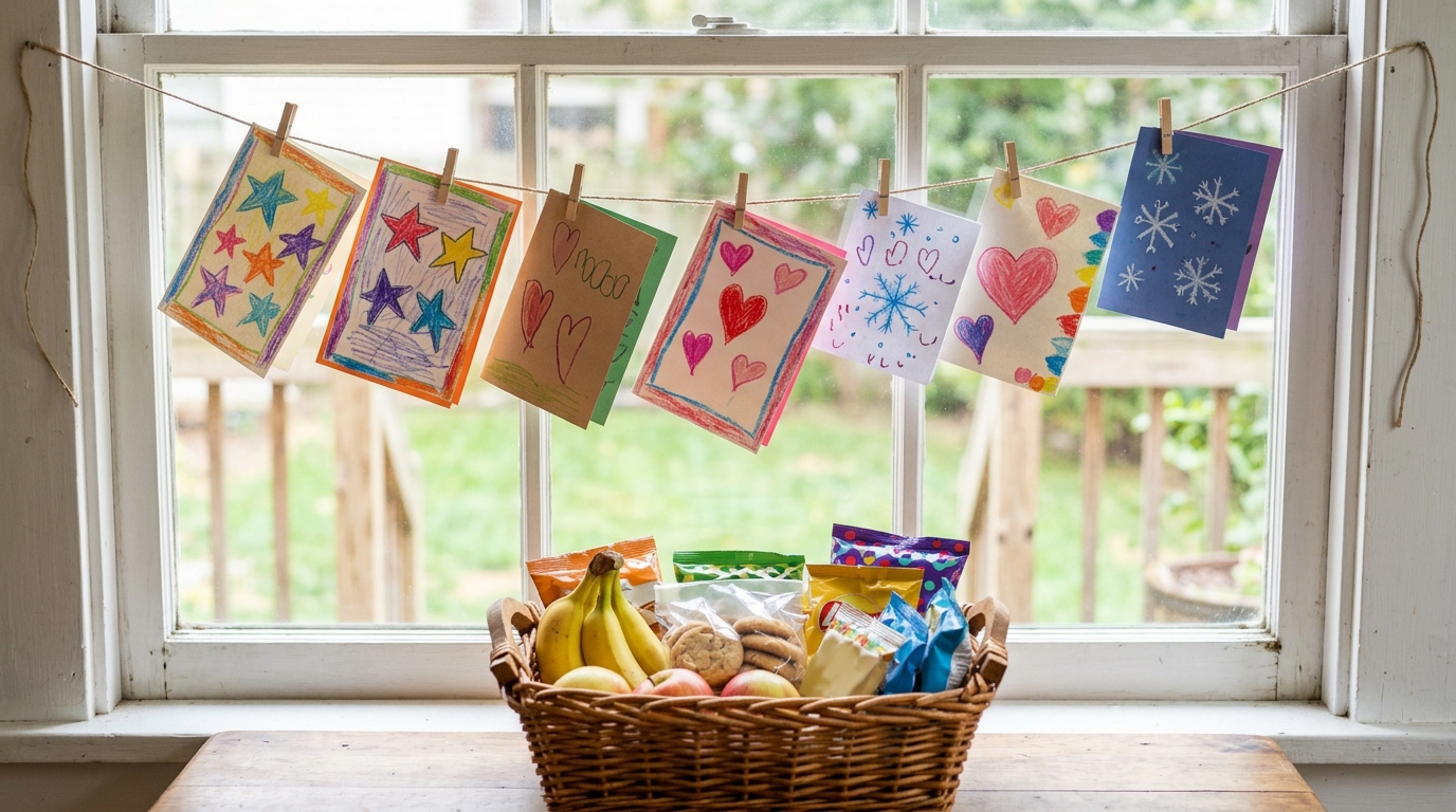 Delivery driver snack baskets with heart: kid made thank you cards on twine above a snack basket in a window