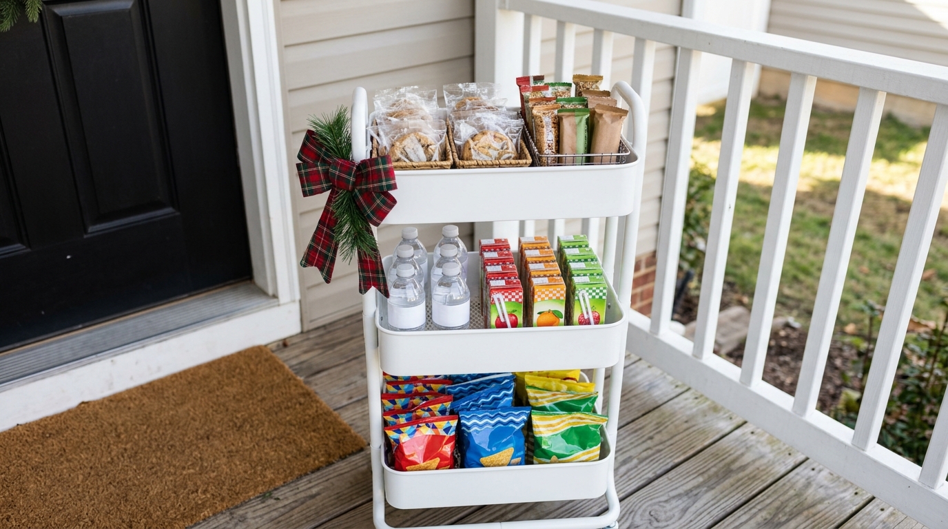 White three tier rolling cart on a porch filled with wrapped snacks, water and a plaid bow