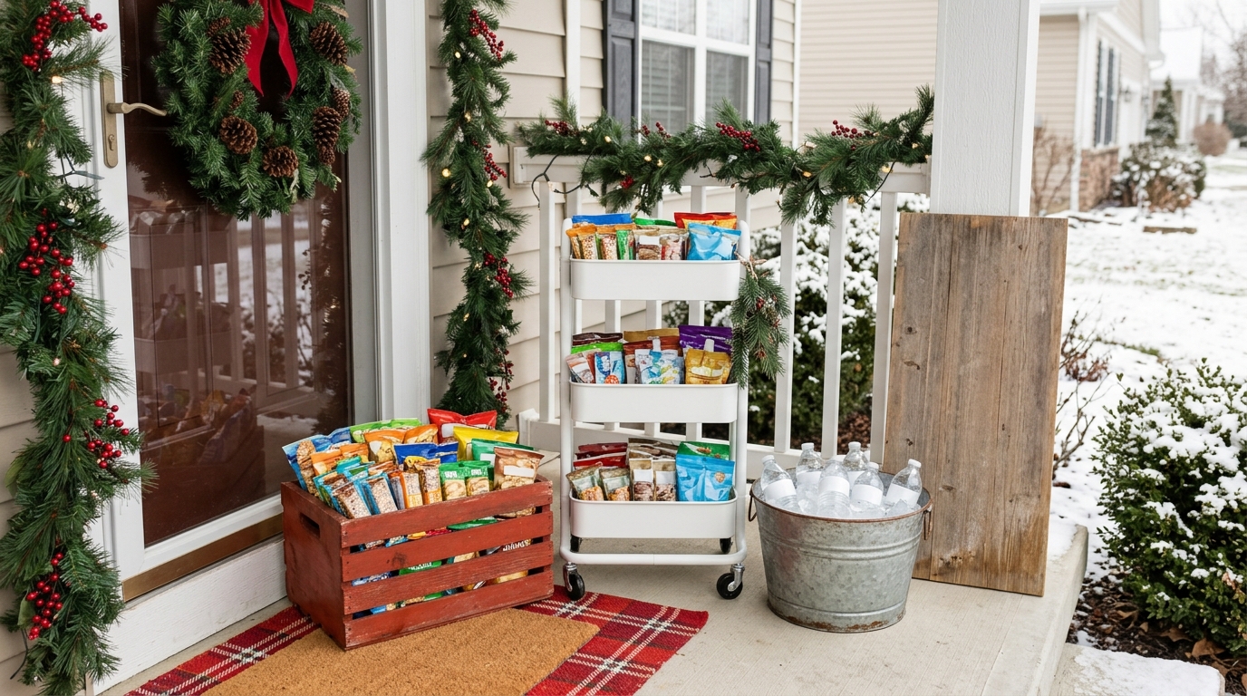 Delivery driver snack baskets on a Christmas porch: a red crate, a white rolling cart and a bucket of water