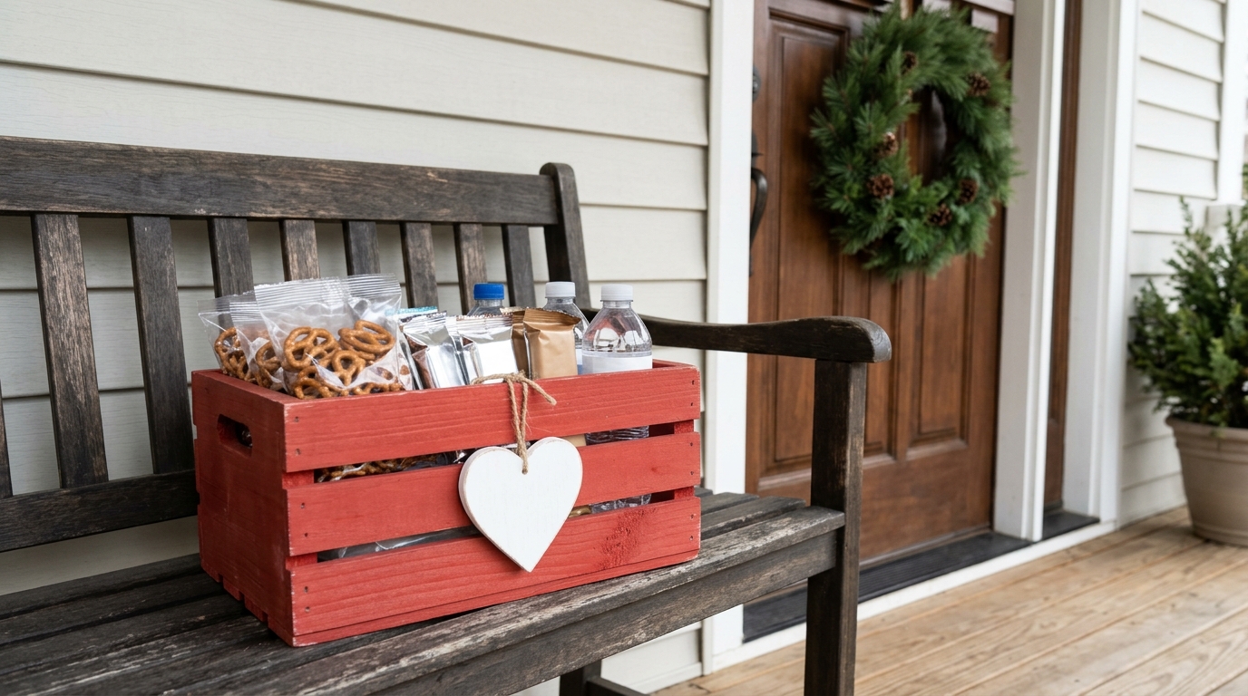 Delivery driver snack baskets idea: a red painted wooden crate with a white heart, snacks and water on a porch bench