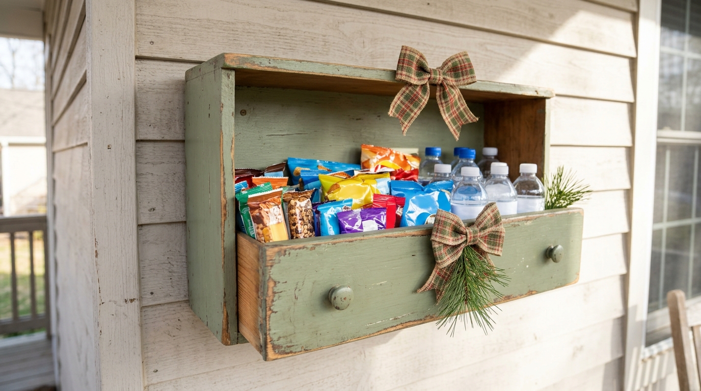 Delivery driver snack baskets made from an old drawer painted sage green and mounted as a porch shelf