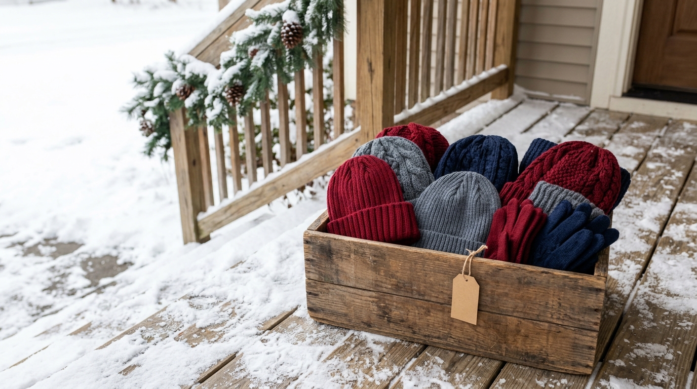Wooden bin of folded knit hats and gloves on a snowy porch with pine garland