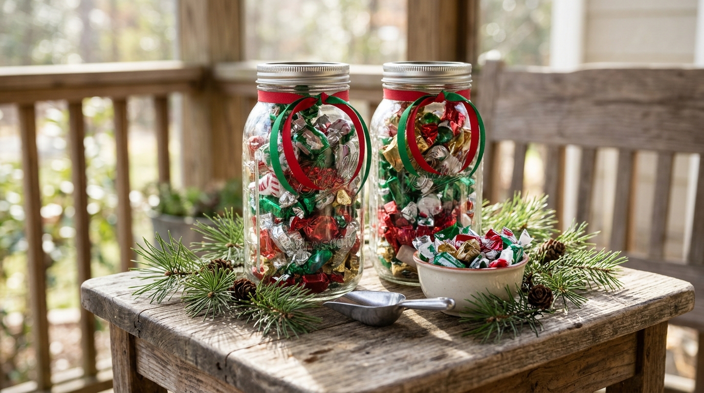 Two large mason jars filled with wrapped candies on a porch side table with pine sprigs