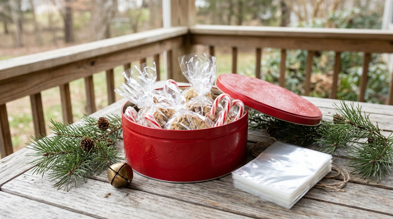 Red Christmas cookie tin filled with individually wrapped cookies and candy canes on a porch table