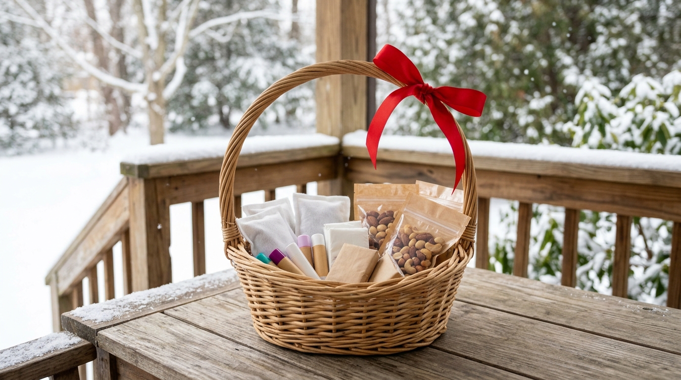Woven basket of hand warmers, lip balm, tissues and nuts on a snowy porch table