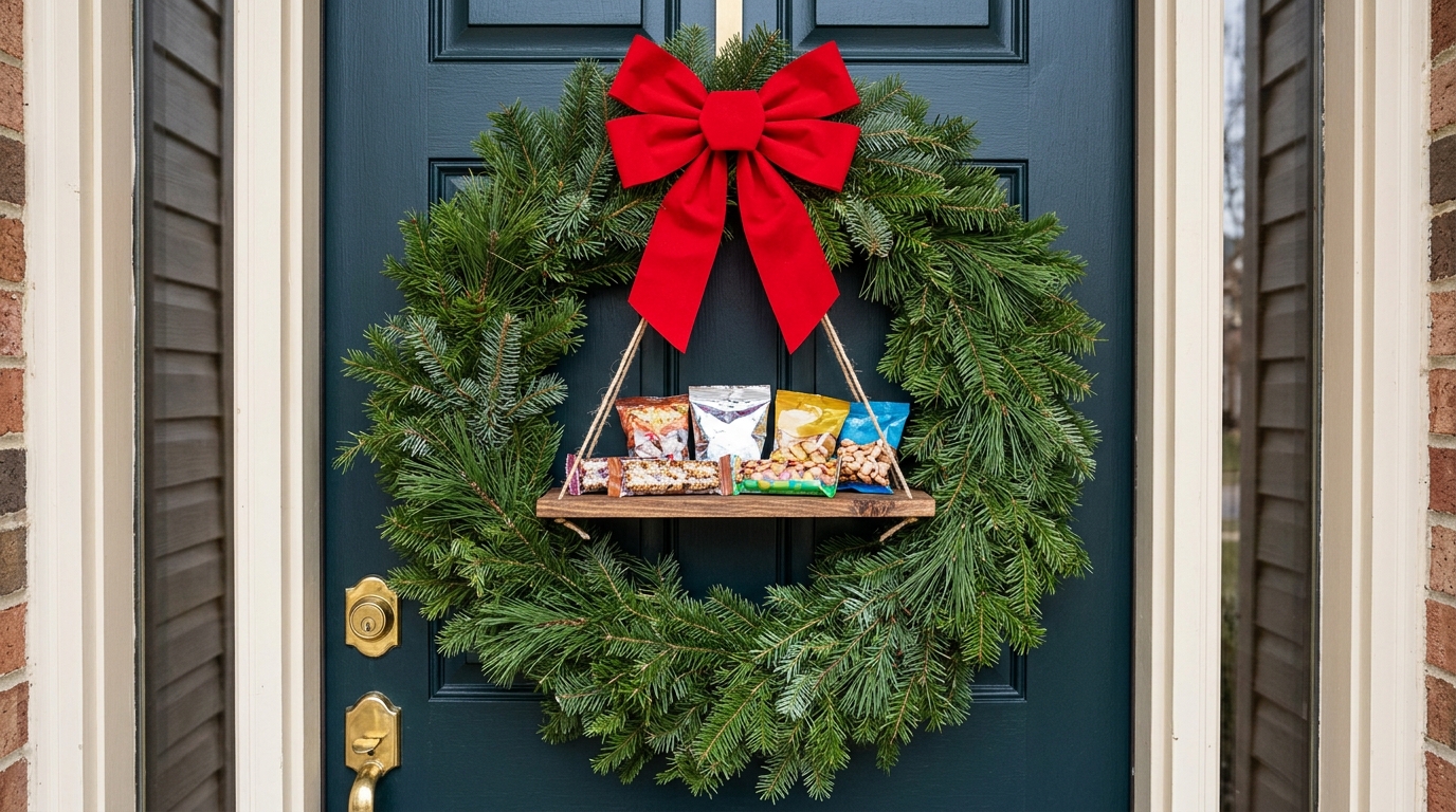 Delivery driver snack baskets idea: an evergreen wreath framing a small wooden snack shelf on a front door