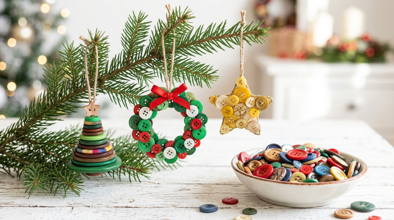 Christmas ornaments made from old buttons: a button tree, wreath and star on a pine branch