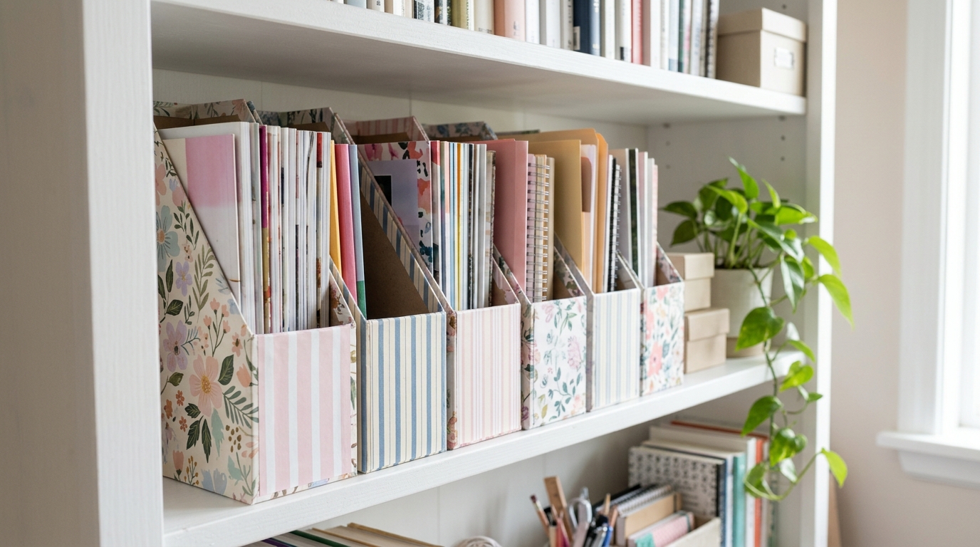 Cereal boxes covered in floral and striped paper used as magazine files on a white bookshelf