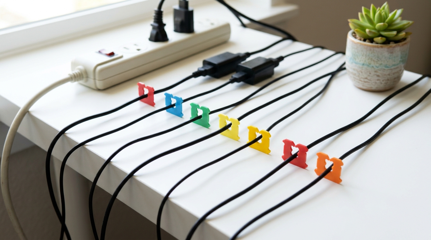 Colorful bread bag clips used as cord labels on black charging cables by a power strip