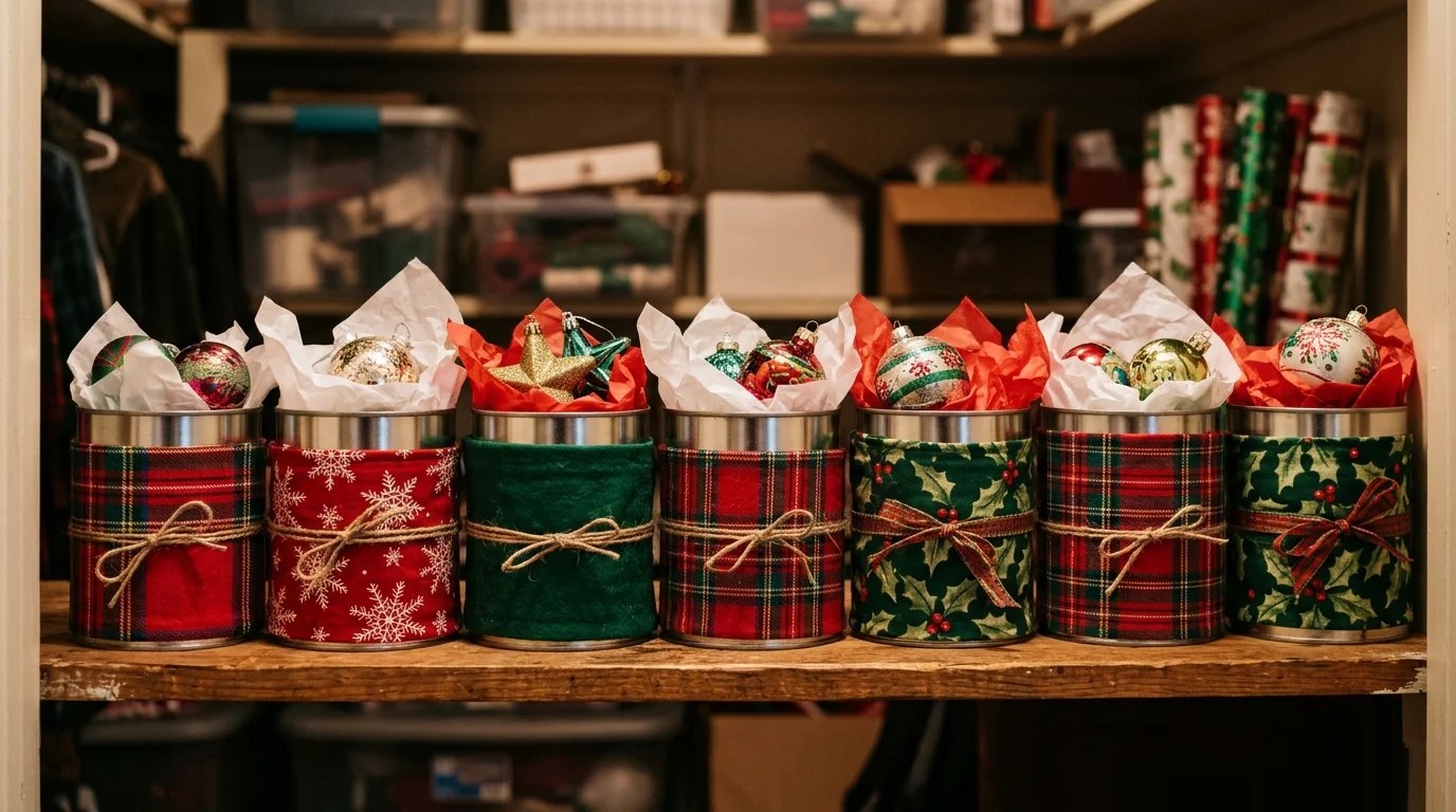 Coffee cans wrapped in red and green fabric holding Christmas ornaments on a storage shelf