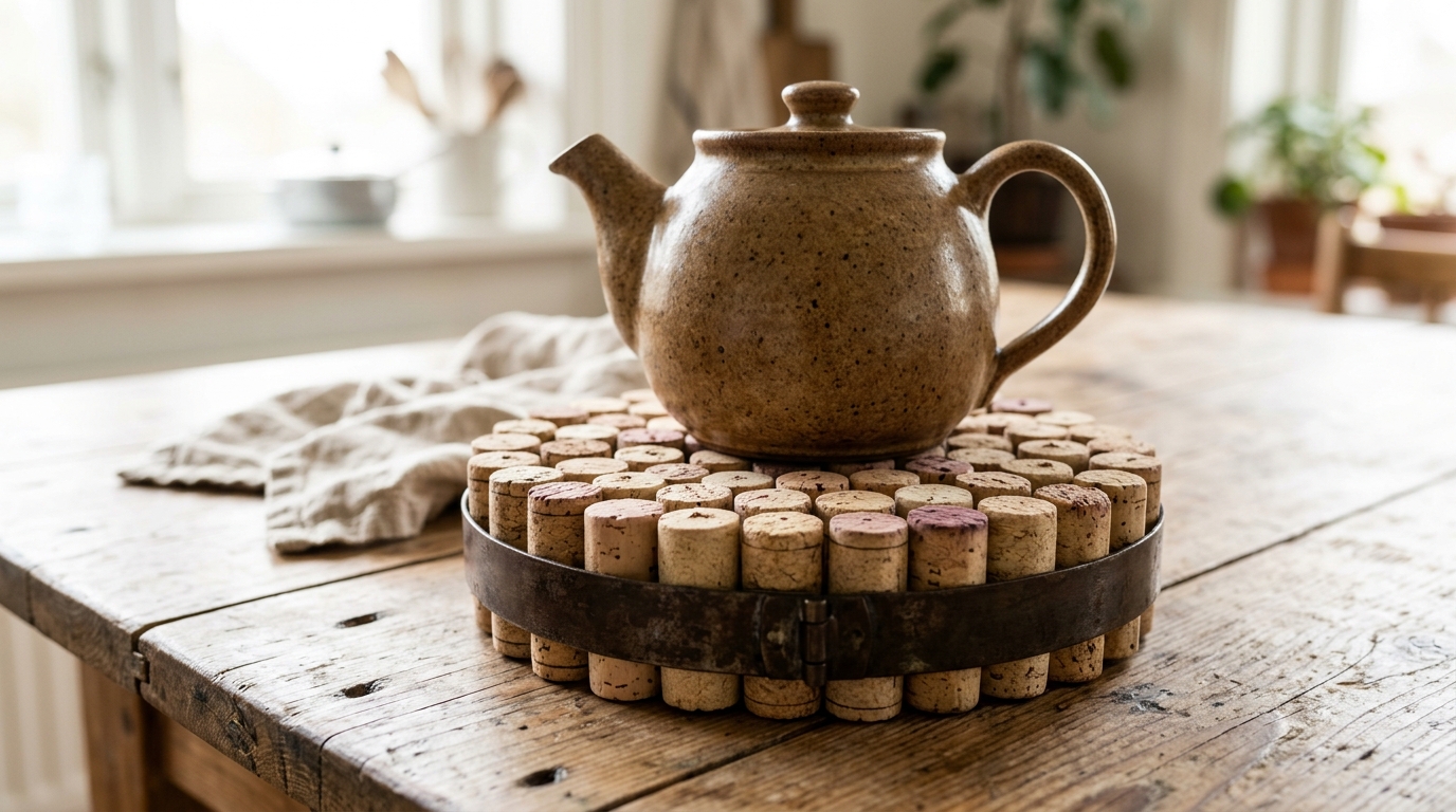Round trivet made from wine corks standing on end with a ceramic teapot on top