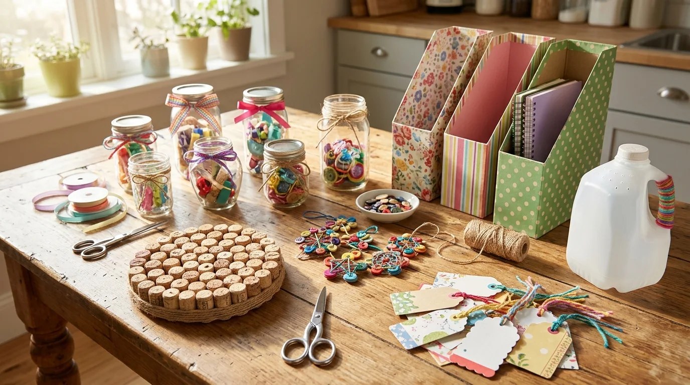Things to never throw away turned into crafts: jar gifts, a cork trivet, button ornaments, cereal box files and card tags