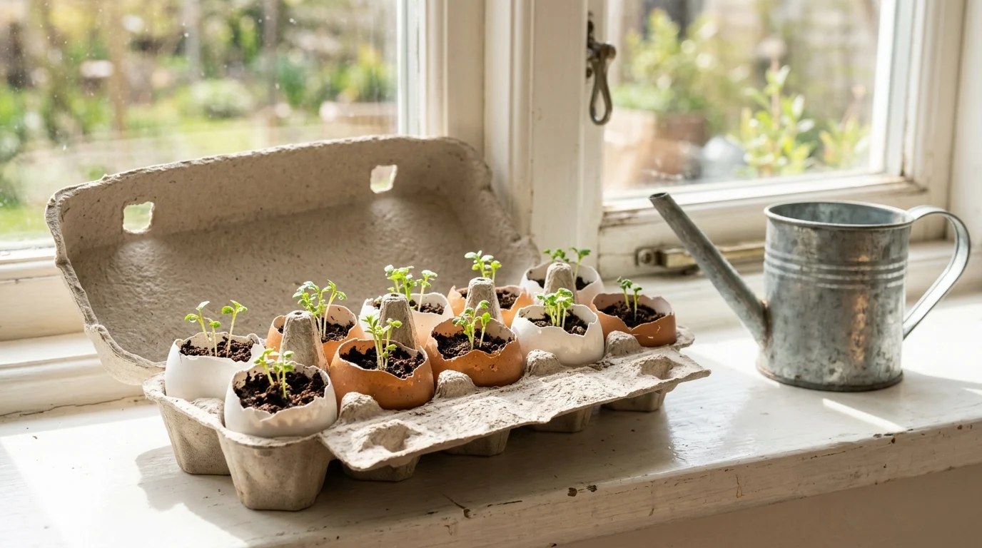 Things to never throw away for gardeners: eggshell halves in an egg carton with soil and tiny seedlings