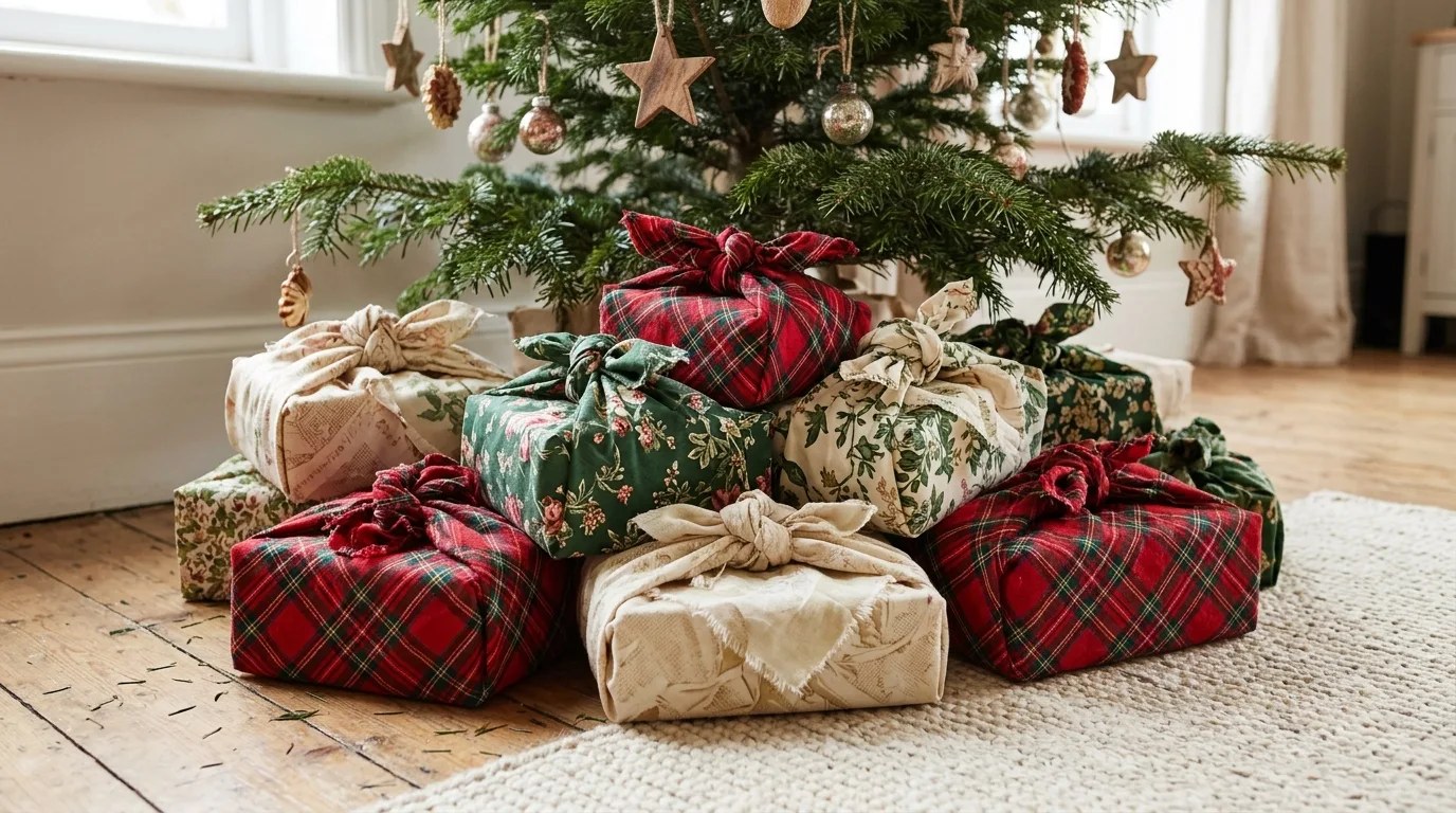 Christmas gifts wrapped in plaid and floral fabric scraps tied in knots under a small tree