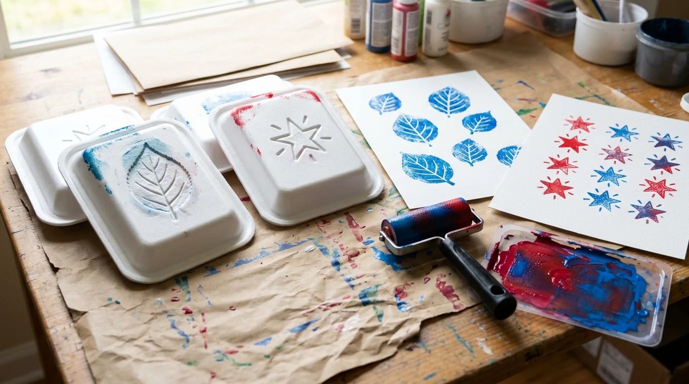 Clean foam food trays used as printing blocks next to blue leaf and red star prints