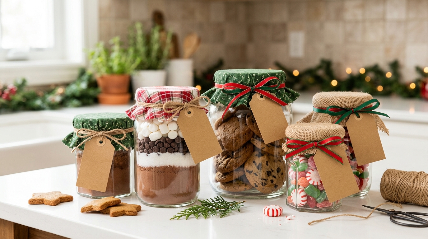 Things to never throw away for gifts: glass food jars filled with cookies, cocoa and candy with fabric lids