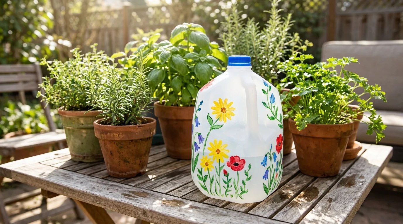 Things to never throw away in the garden: a milk jug painted with flowers and used as a watering can