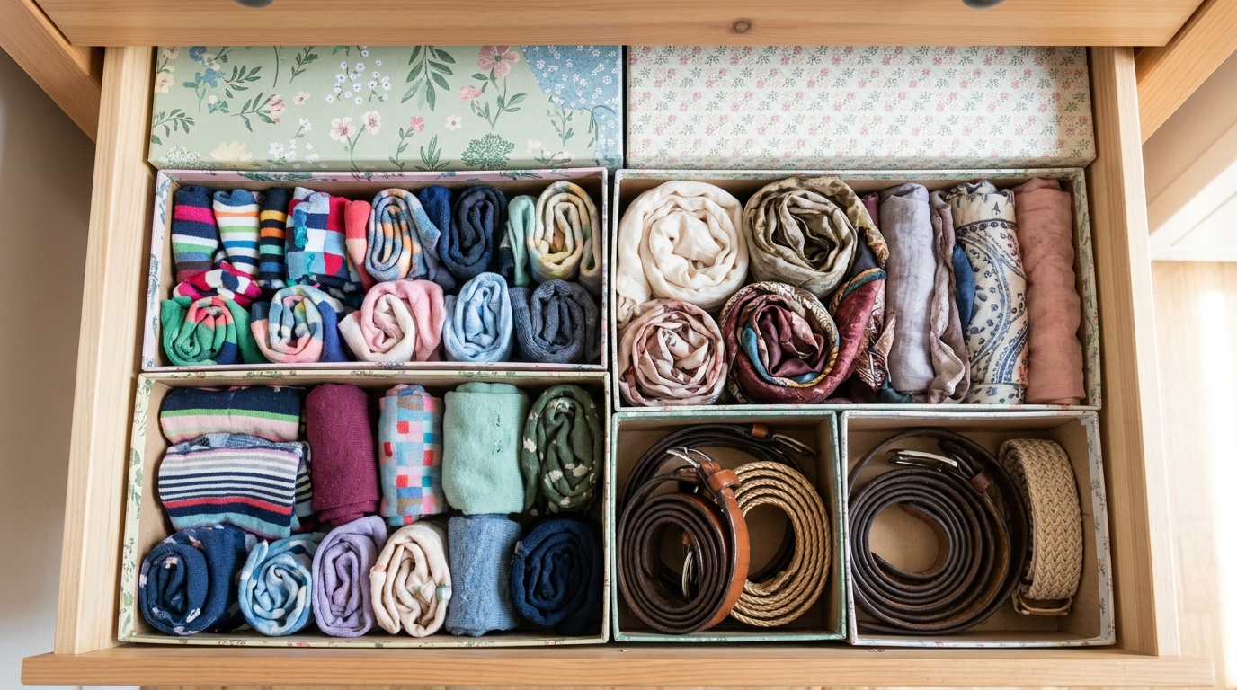 Things to never throw away for organizing: shoe boxes covered in patterned paper as drawer dividers