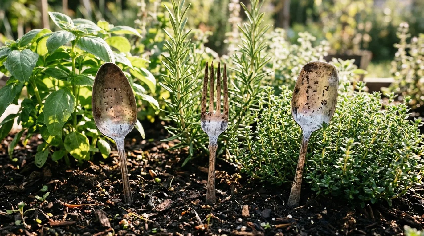 Things to never throw away outdoors: old forks and spoons used as plant markers in an herb bed