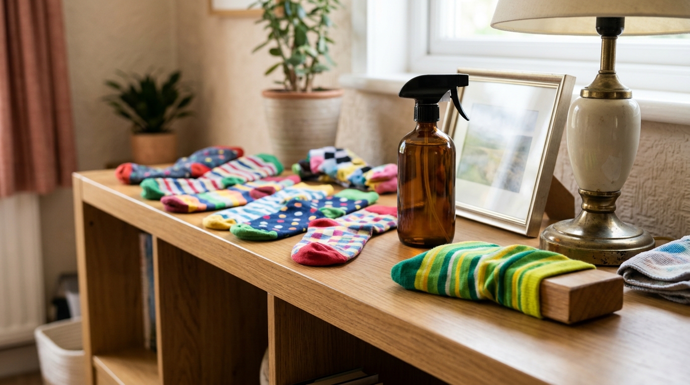 Things to never throw away for cleaning: colorful odd socks used as dusting mitts on a living room shelf