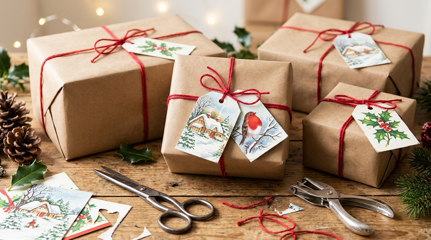 Gift tags cut from old Christmas cards tied with red string on presents wrapped in kraft paper