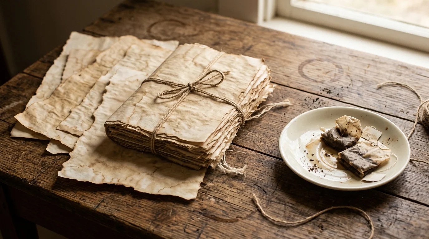 Paper stained with used tea bags to look like vintage parchment, tied into a handmade journal