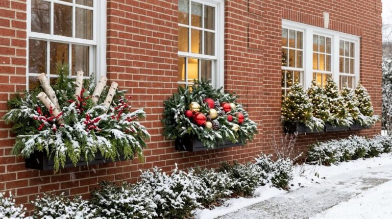 Christmas window boxes on a red brick house with birch and berries, big ornaments and LED lit mini trees in light snow