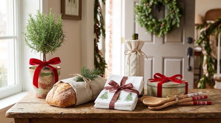 DIY Hostess Gifts on an entry table with a rosemary tree, bread, tea towels and a cookie tin