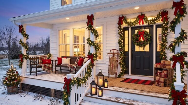 Christmas Front Porch Ideas with a bench, layered rugs, garland on the rail and LED lanterns