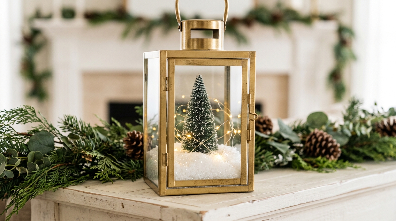 Gold lantern holding a small bottle brush tree on faux snow with tiny LED fairy lights on a mantel