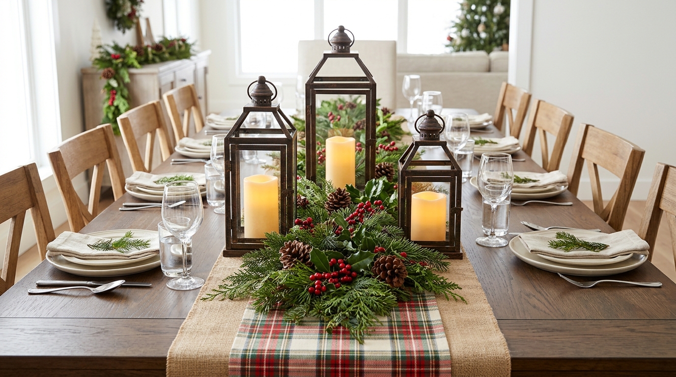 Christmas lantern ideas for a dining table with three lanterns on a plaid runner surrounded by greenery and berries