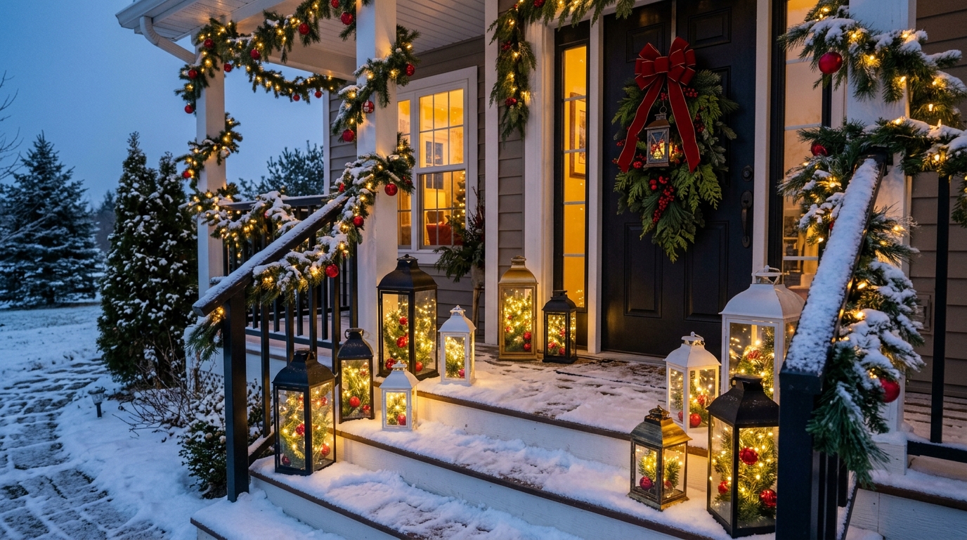 Christmas lantern ideas on a snowy front porch with black, white and gold lanterns filled with greenery, ornaments and LED lights