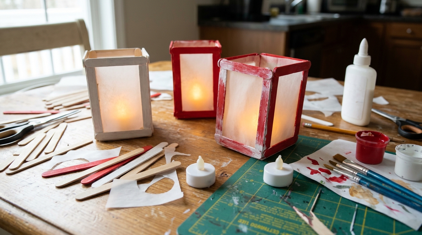 Christmas lantern ideas made from craft sticks painted white and red with vellum panels glowing from LED tea lights