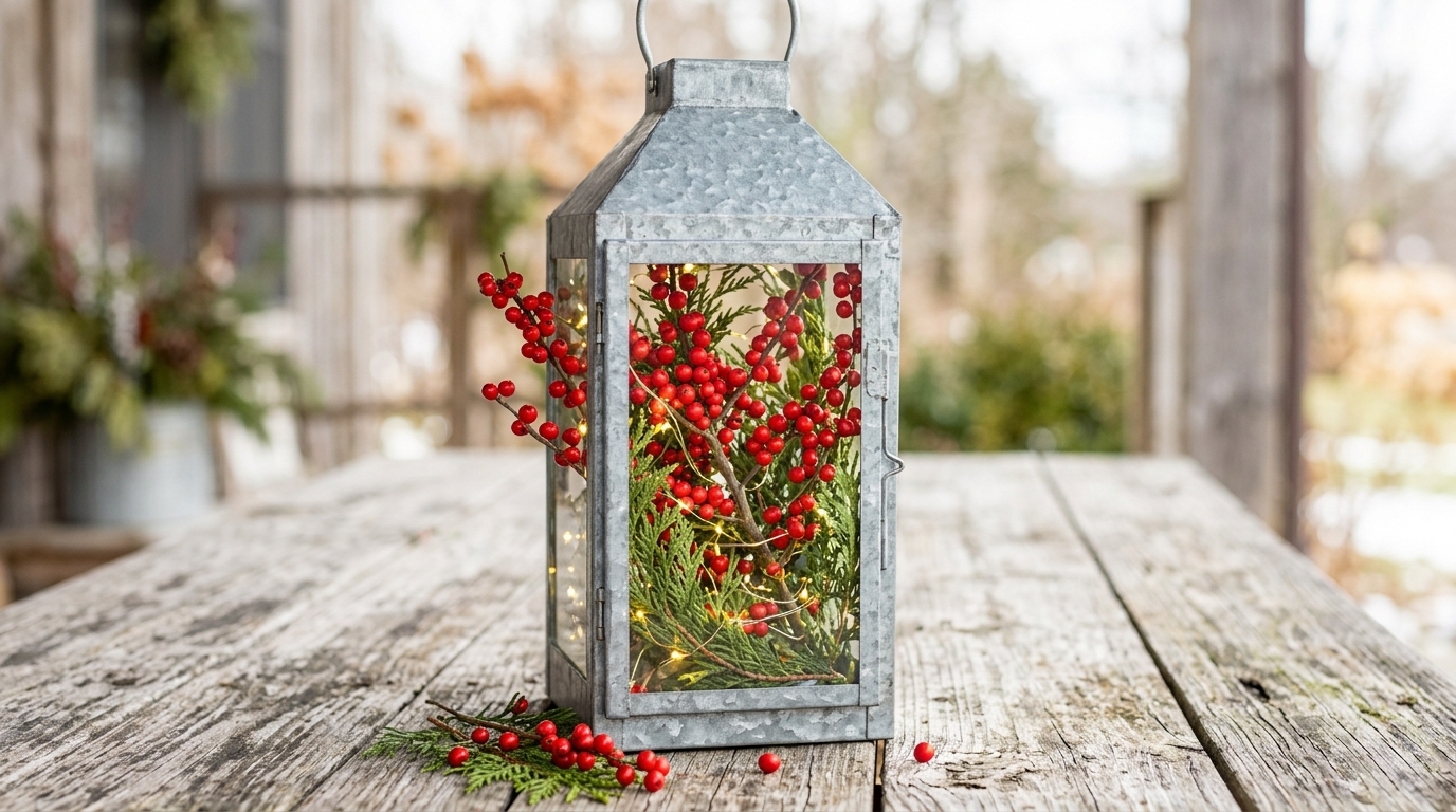 Christmas lantern ideas with a galvanized metal lantern filled with red winterberry and cedar and LED fairy lights