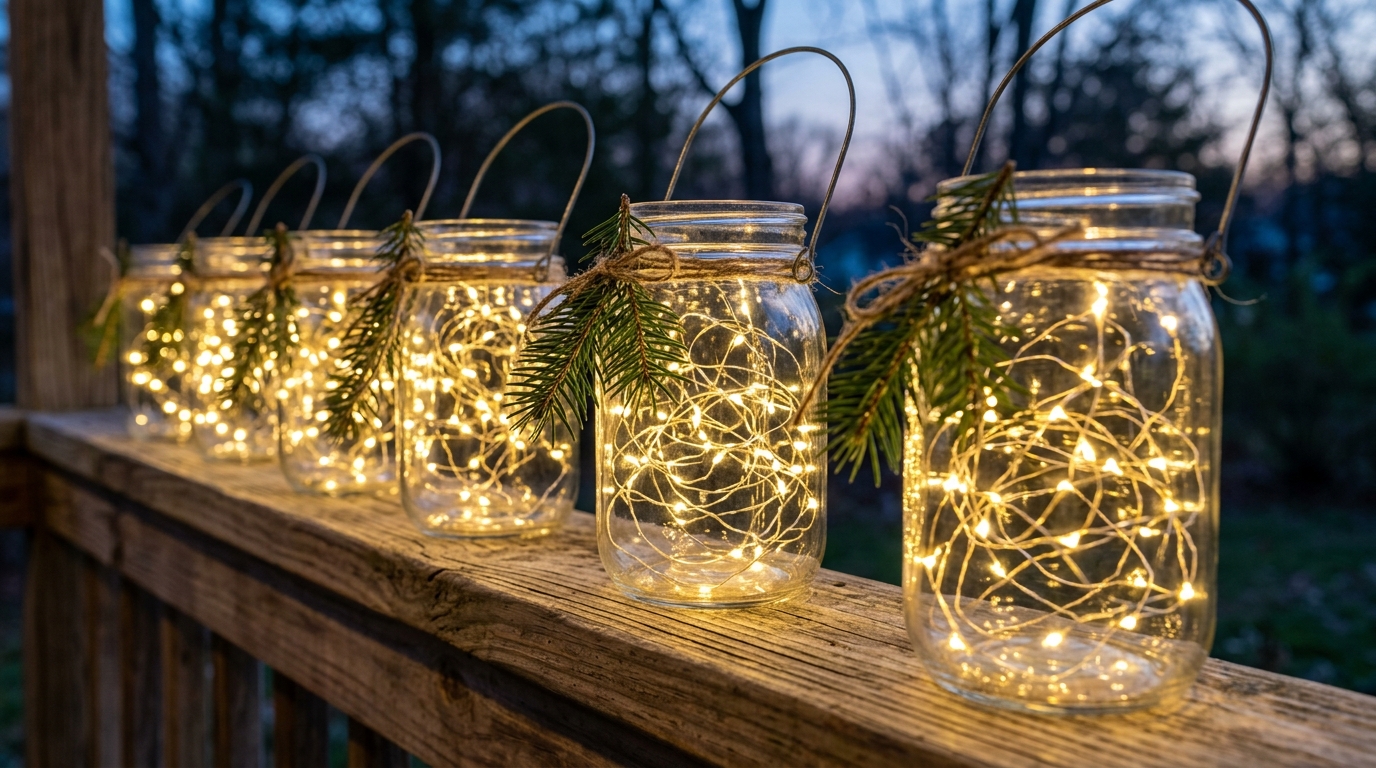 Christmas lantern ideas using mason jars with wire handles filled with warm LED fairy lights on a porch railing at dusk