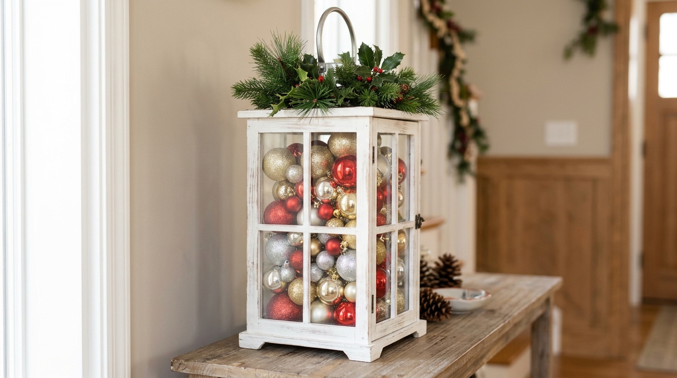 White wooden lantern with glass panels filled with red, gold and silver ornaments on an entry table
