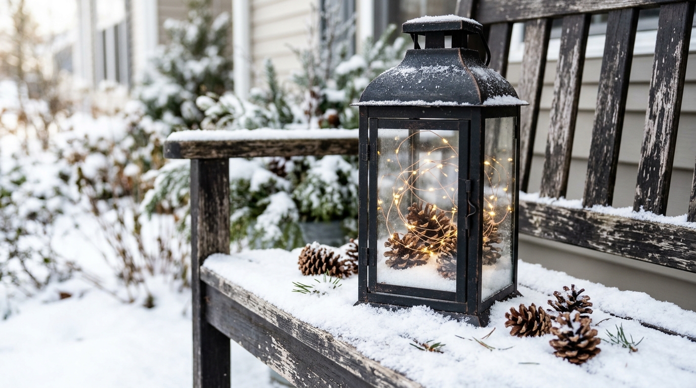 Black lantern filled with faux snow, pine cones and LED fairy lights on a snowy porch bench