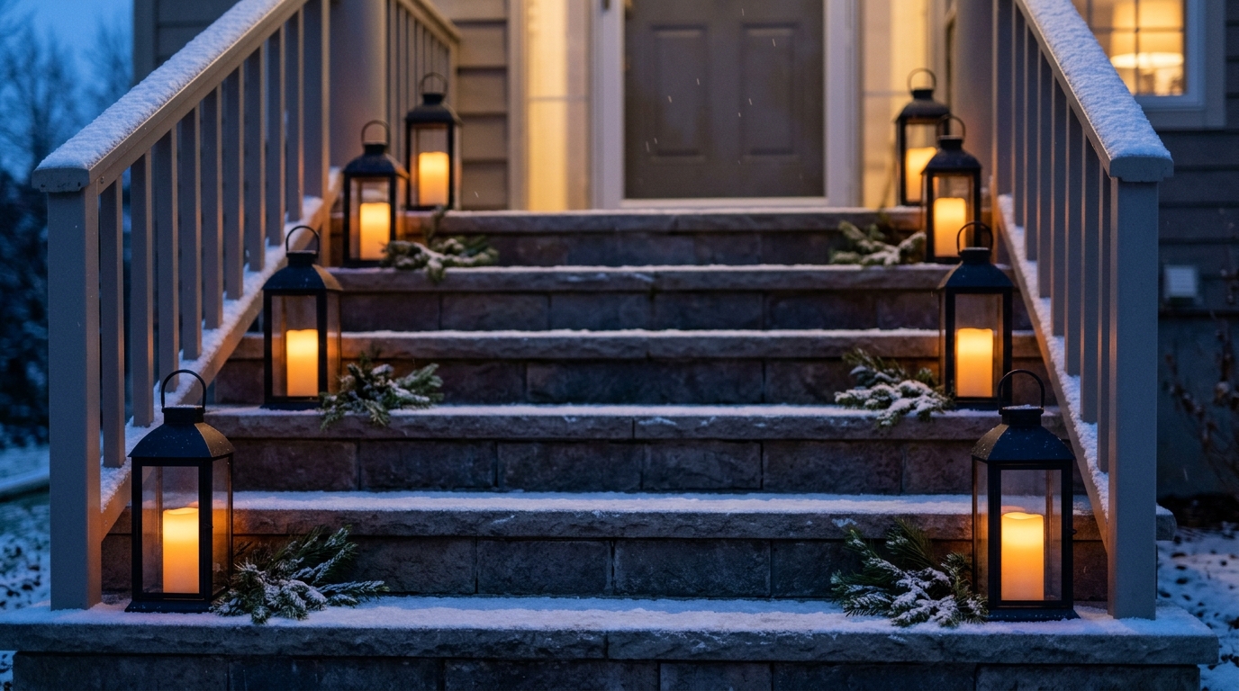 Christmas lantern ideas for porch steps with a black lantern glowing from an LED pillar on every step in light snow