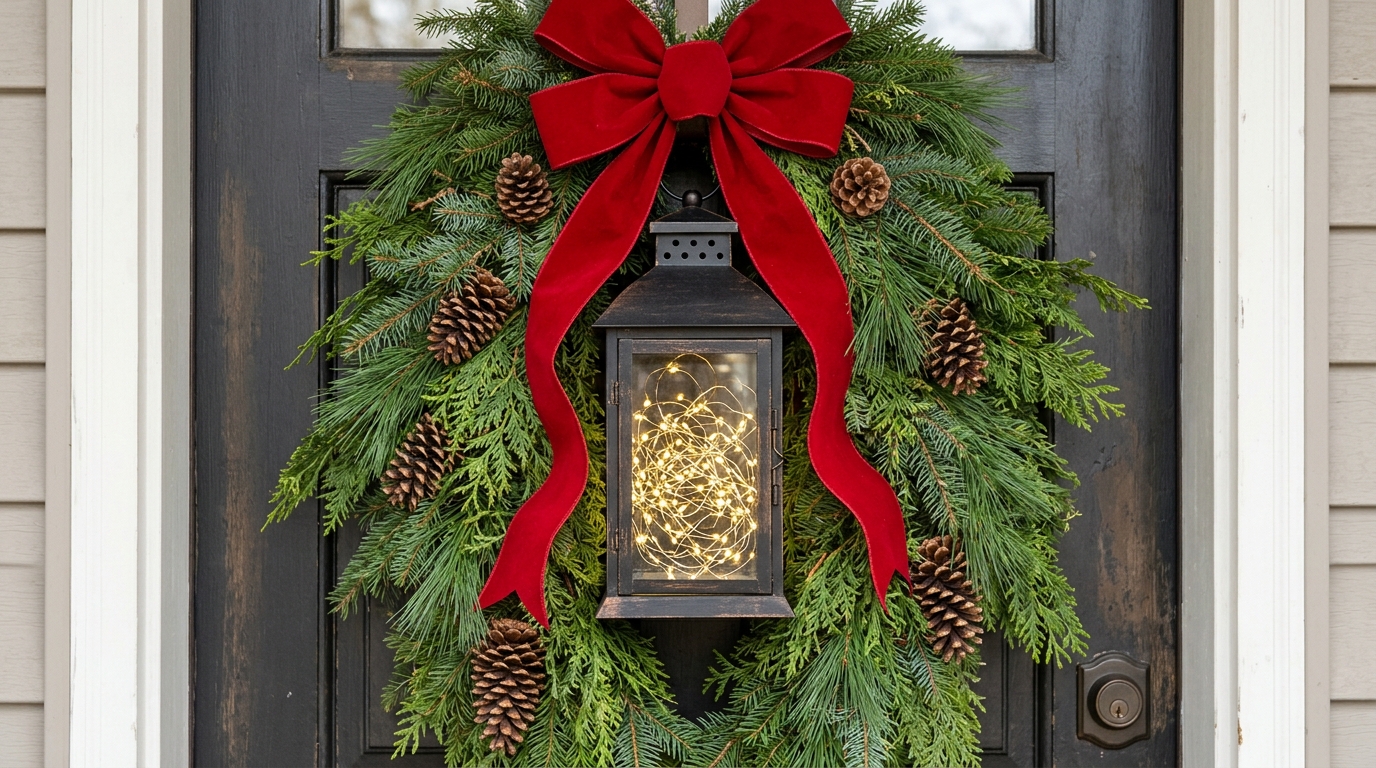 Black metal lantern with LED fairy lights hanging in an evergreen swag with pine cones and a red velvet bow on a door