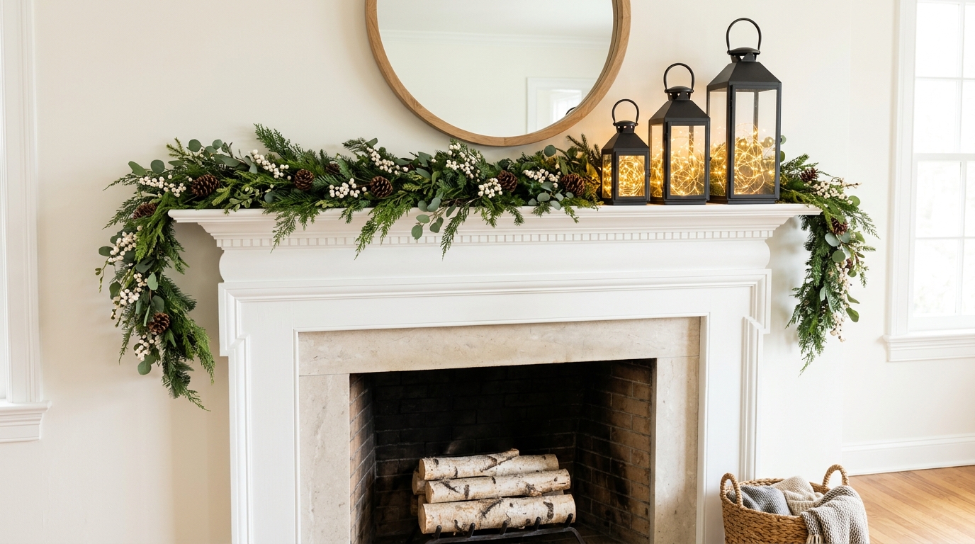 Trio of black lanterns in three sizes with LED lights on a white mantel with a greenery garland