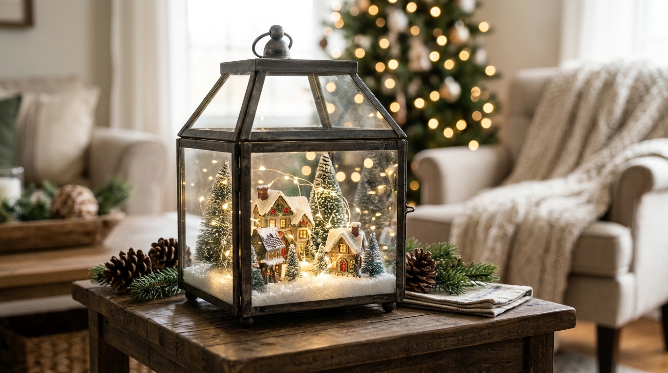 Glass lantern holding a tiny Christmas village with little houses and bottle brush trees lit by LED lights