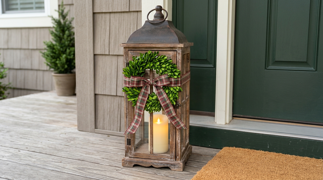 Rustic wooden lantern with a small boxwood wreath around its middle and an LED pillar by a front door