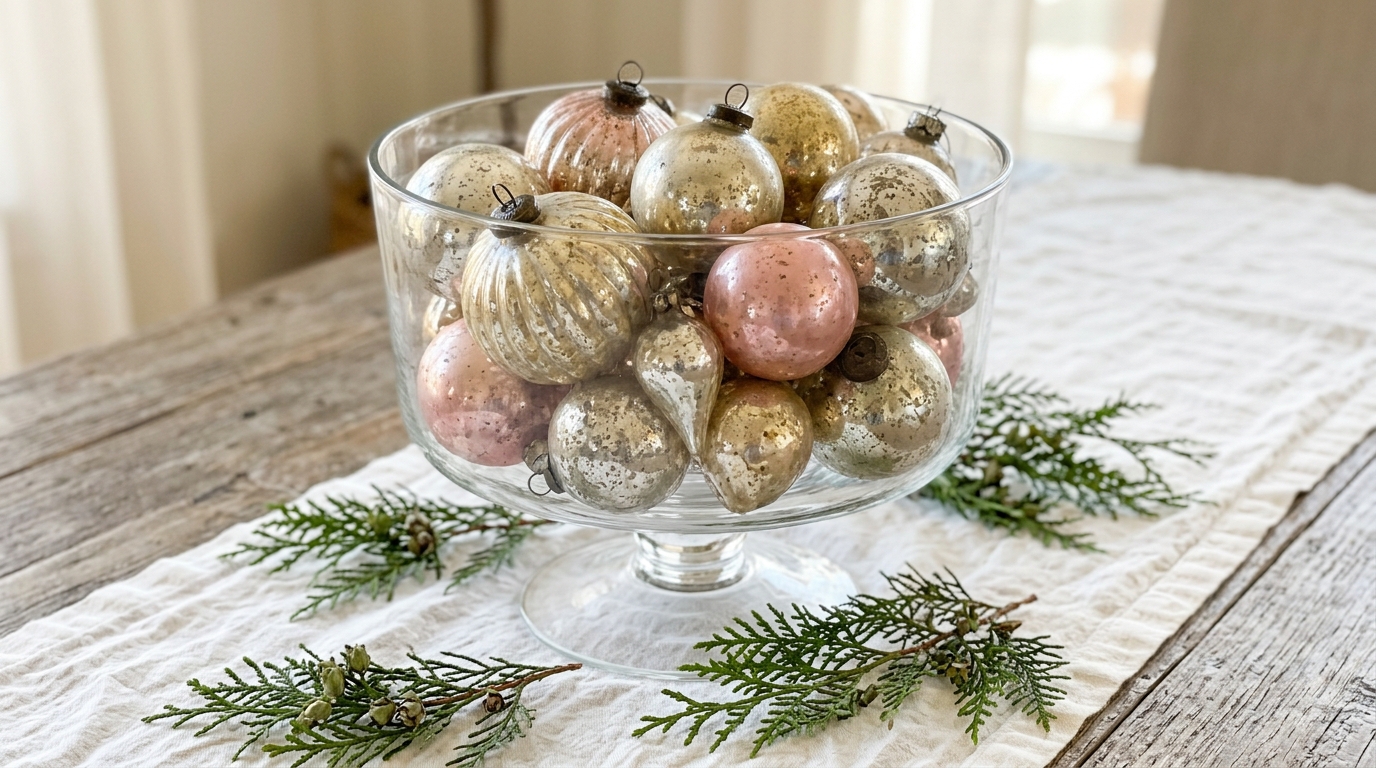 Wide glass bowl filled with antique mercury glass ornaments in silver, gold and pink on a linen runner