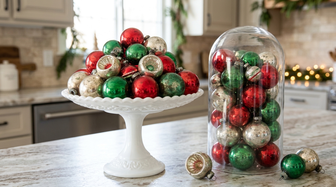 Milk glass cake stand piled with old red, green and silver ornaments beside a glass cloche on a counter