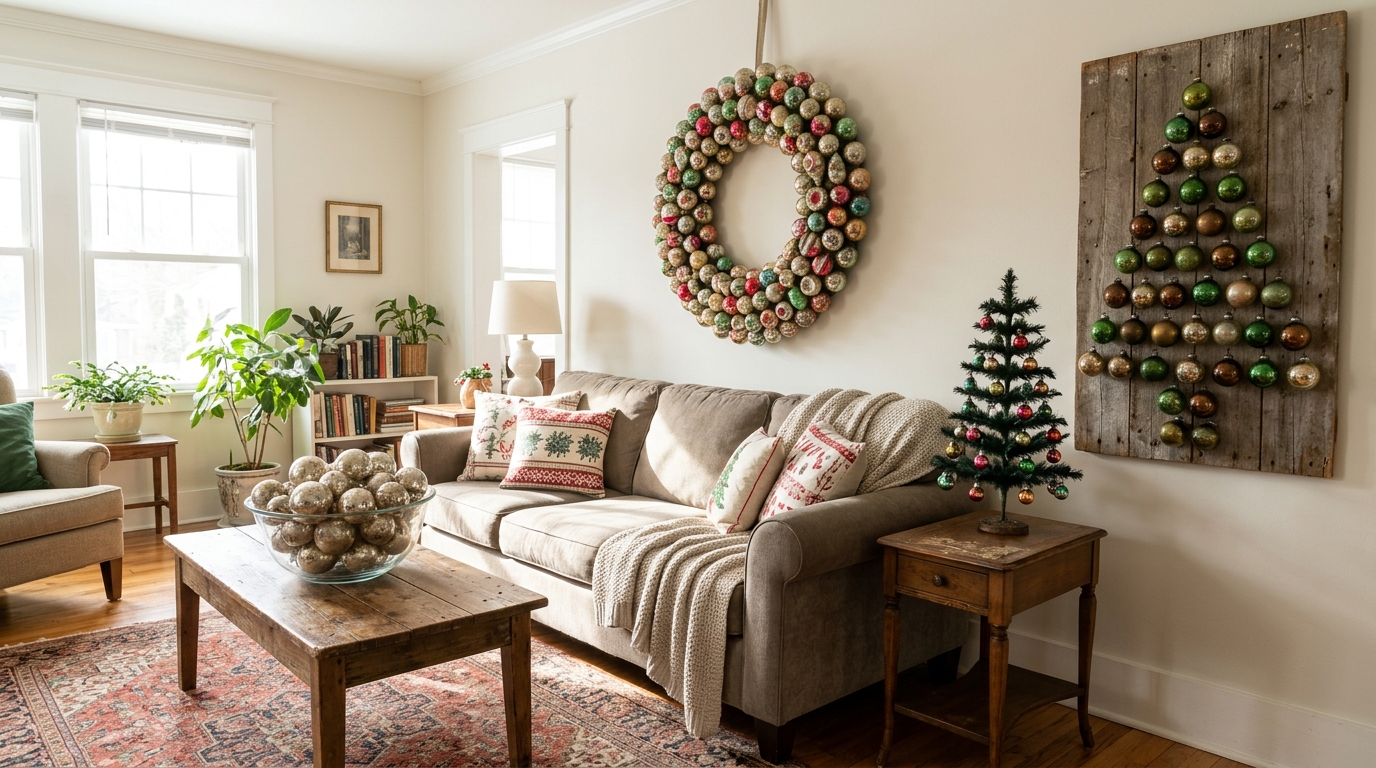 Vintage Christmas ornaments shown in a cozy living room as an ornament wall tree, a bowl of mercury glass, a wreath and a feather tree